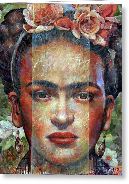 Pen and acrylic artwork over map of New Mexico. Frida Kahlo Greeting Card